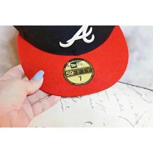 Atlanta Braves Multi Logo 59Fifty Fitted Hat Blue Size 7 Official On-Field Cap - Picture 3 of 10